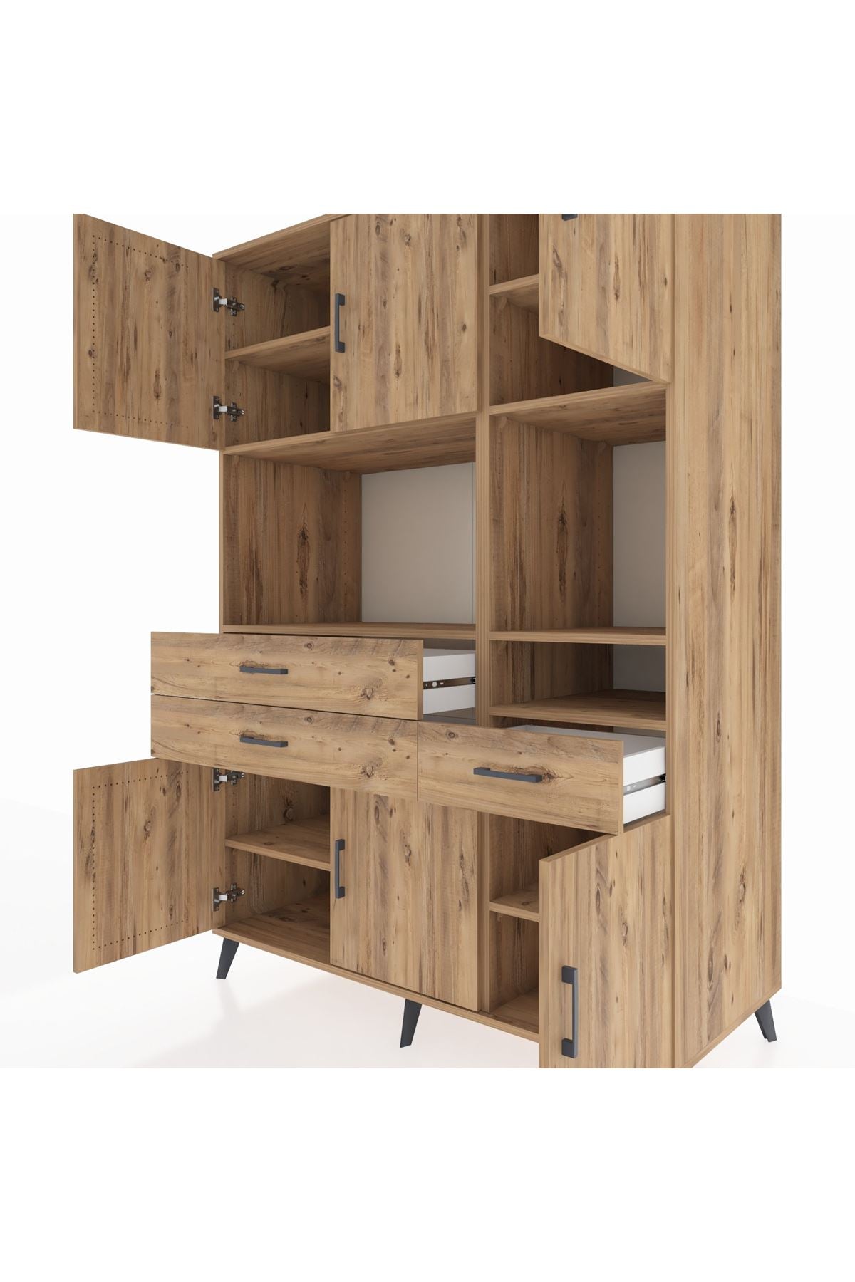 Kronos Dolap 9 Raflı 3 Çekmeceli 6 Kapaklı 132x59x195 Çam-Çam/Çam