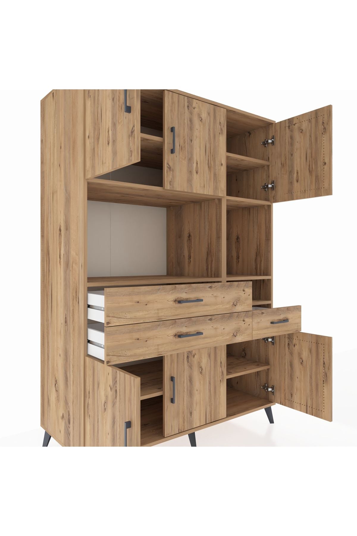 Kronos Dolap 9 Raflı 3 Çekmeceli 6 Kapaklı 132x59x195 Çam-Çam/Çam