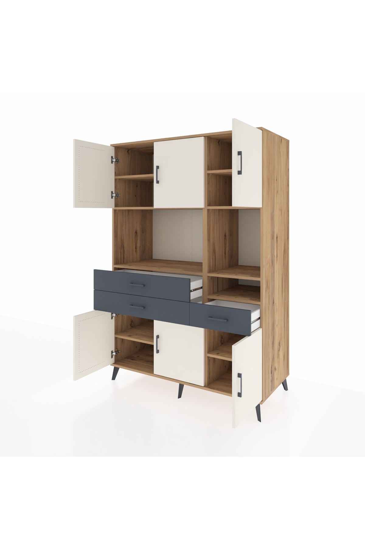 Kronos Dolap 9 Raflı 3 Çekmeceli 6 Kapaklı 132x59x195 Çam-Aytaşı/Antrasit