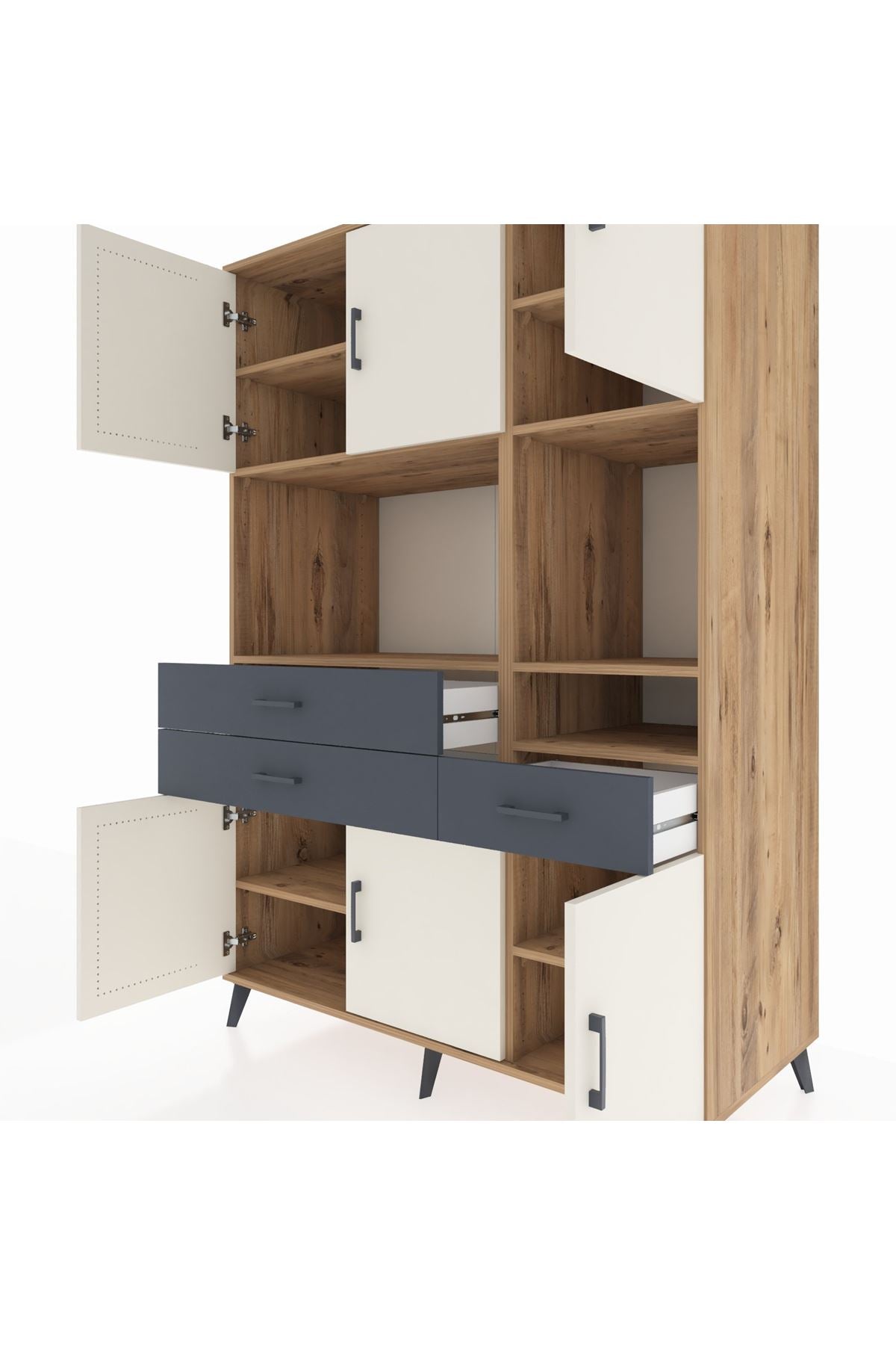 Kronos Dolap 9 Raflı 3 Çekmeceli 6 Kapaklı 132x59x195 Çam-Aytaşı/Antrasit