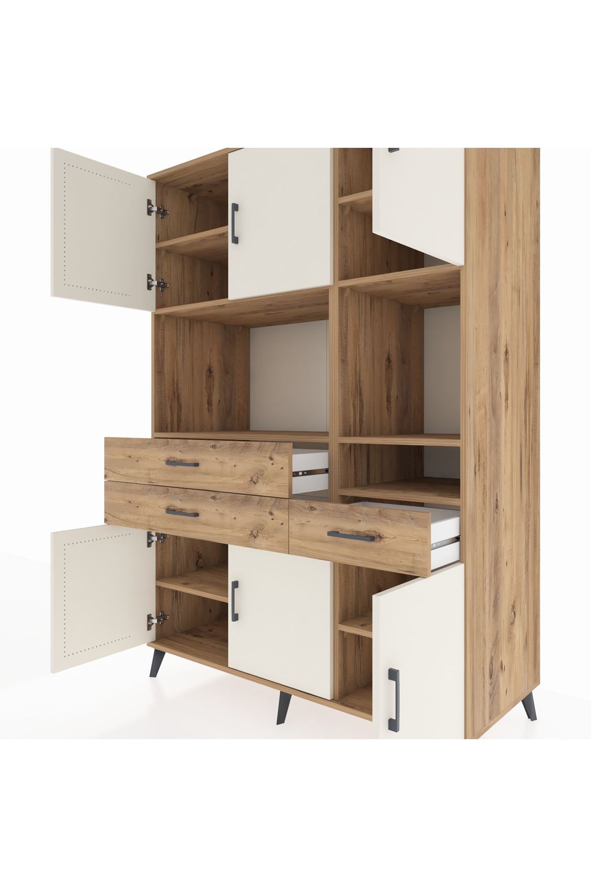 Kronos Dolap 9 Raflı 3 Çekmeceli 6 Kapaklı 132x59x195 Çam-Aytaşı/Çam