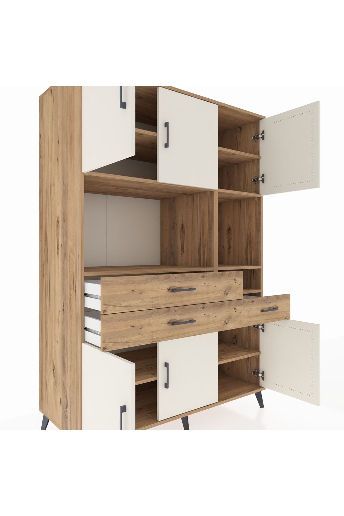Kronos Dolap 9 Raflı 3 Çekmeceli 6 Kapaklı 132x59x195 Çam-Aytaşı/Çam