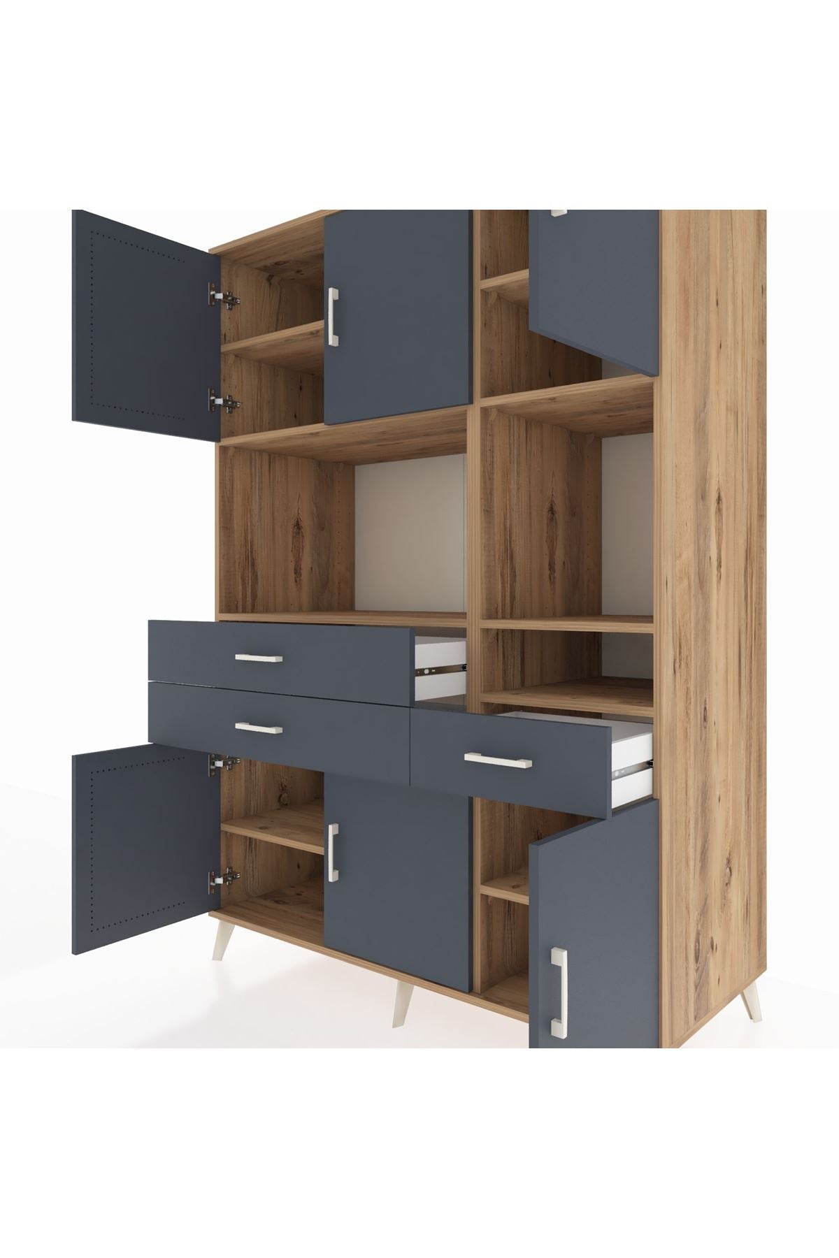 Kronos Dolap 9 Raflı 3 Çekmeceli 6 Kapaklı 132x59x195 Çam-Antrasit/Antrasit