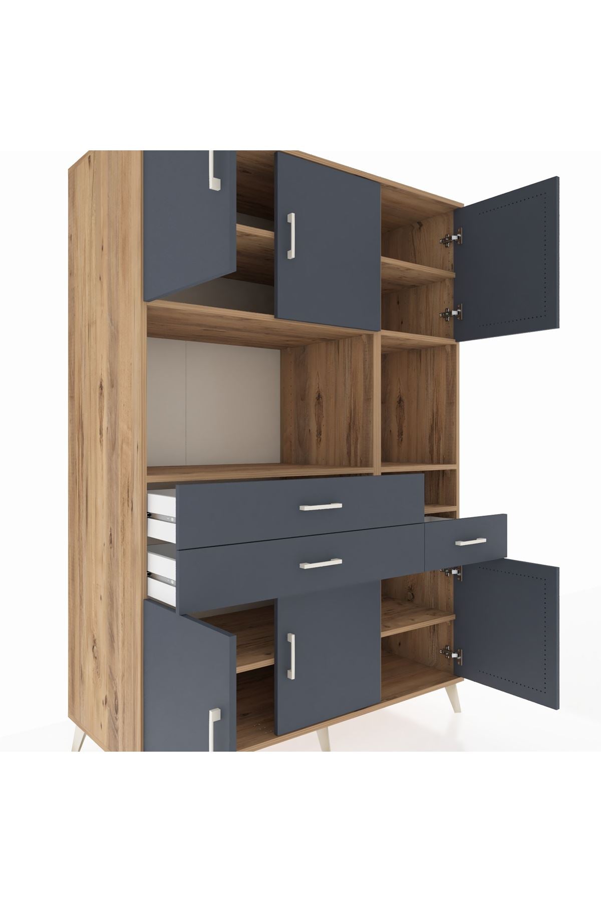 Kronos Dolap 9 Raflı 3 Çekmeceli 6 Kapaklı 132x59x195 Çam-Antrasit/Antrasit