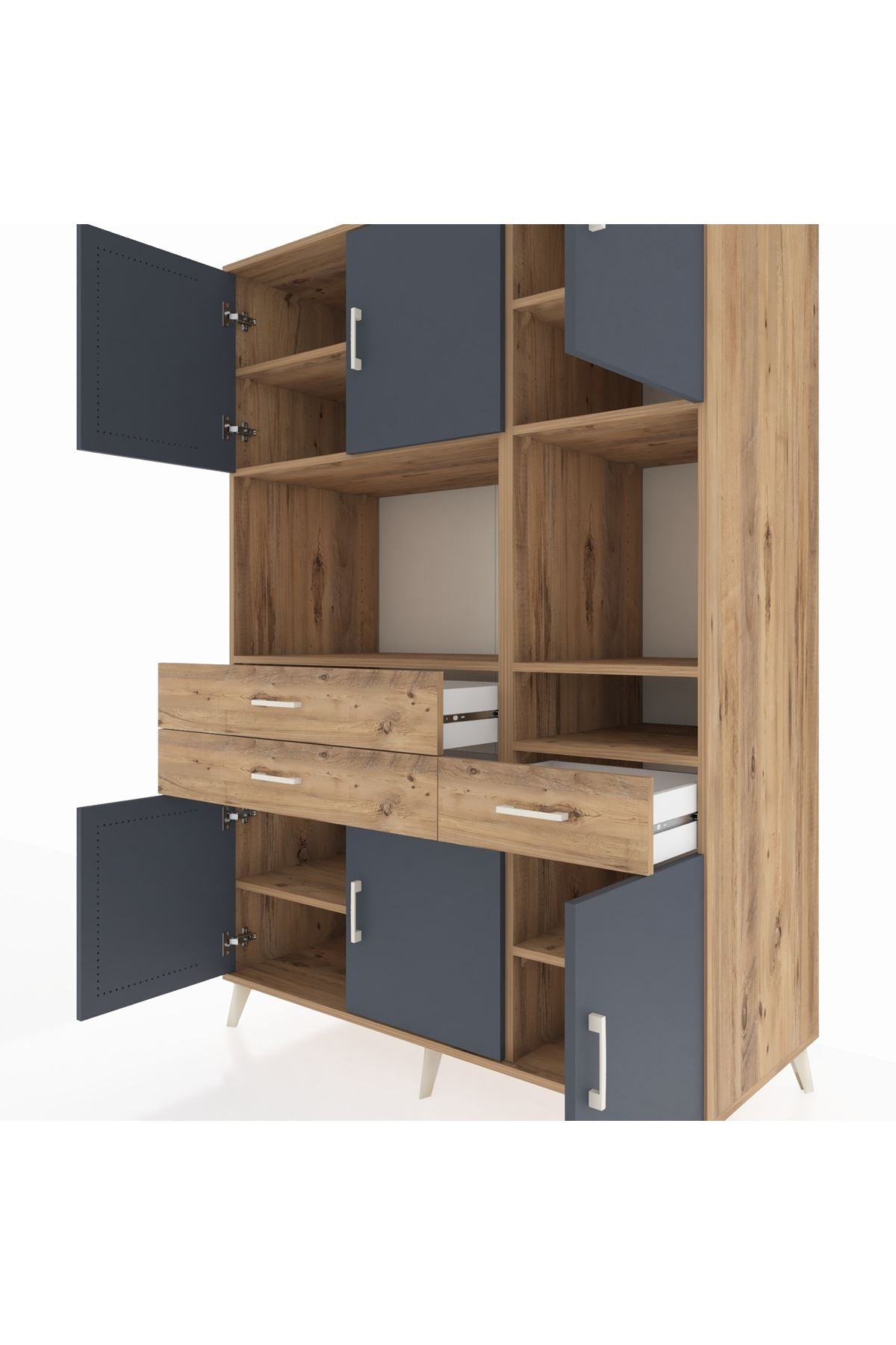 Kronos Dolap 9 Raflı 3 Çekmeceli 6 Kapaklı 132x59x195 Çam-Antrasit/Çam