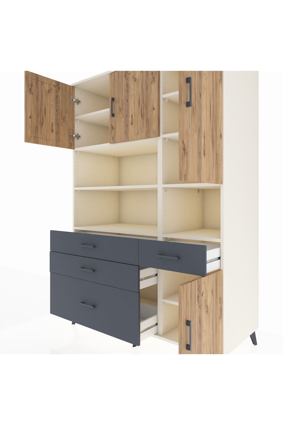 Kronos Dolap 9 Raflı 4 Çekmeceli 4 Kapaklı 132x59x195 Aytaşı-Çam/Antrasit