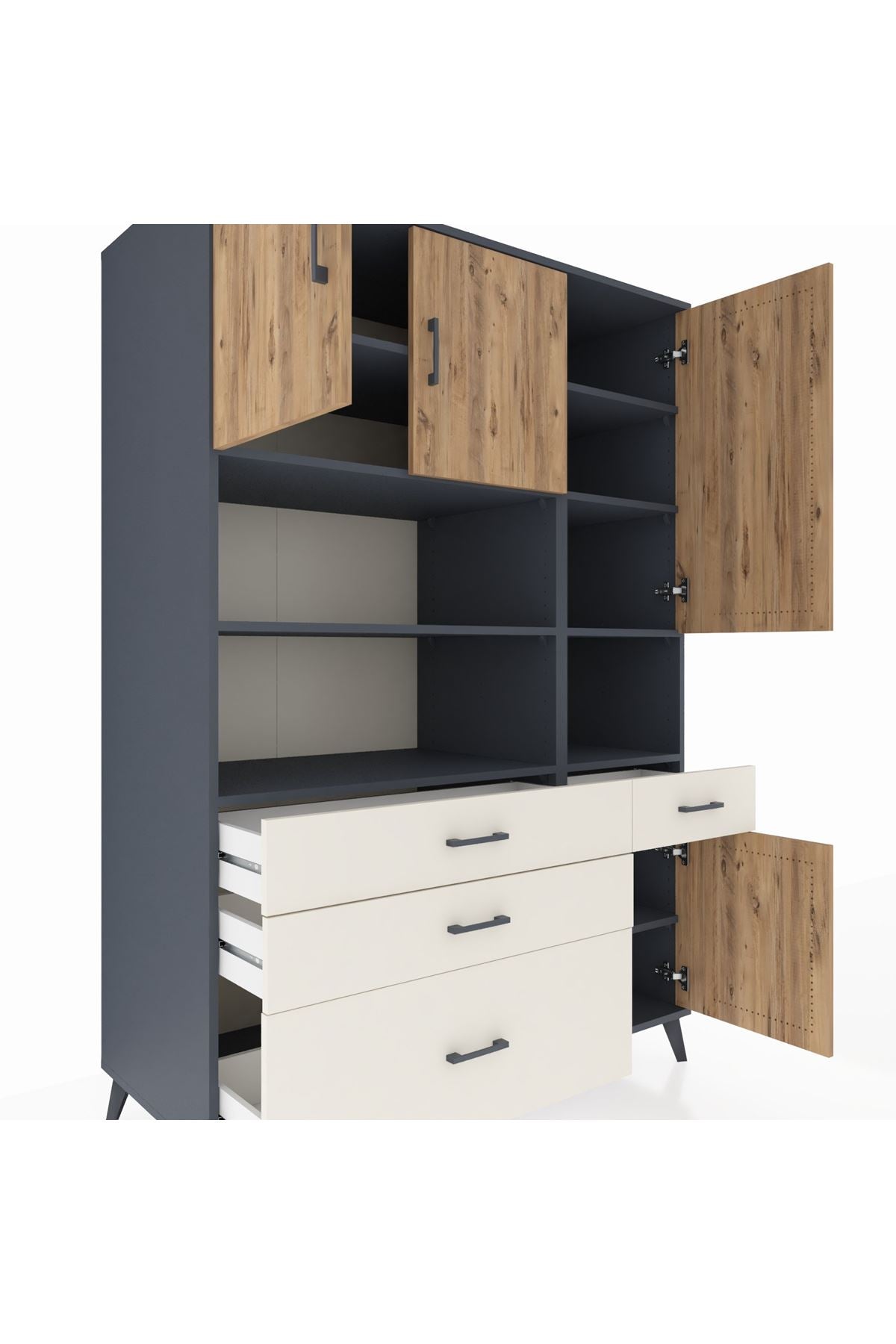 Kronos Dolap 9 Raflı 4 Çekmeceli 4 Kapaklı 132x59x195 Antrasit-Çam/Aytaşı