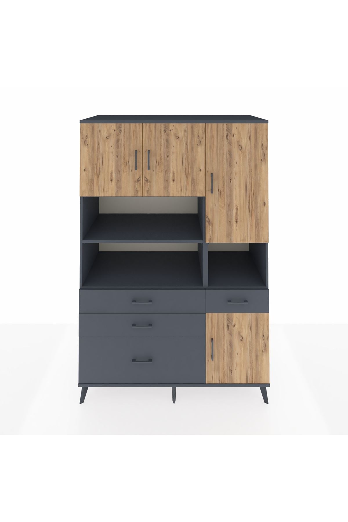 Kronos Dolap 9 Raflı 4 Çekmeceli 4 Kapaklı 132x59x195 Antrasit-Çam/Antrasit
