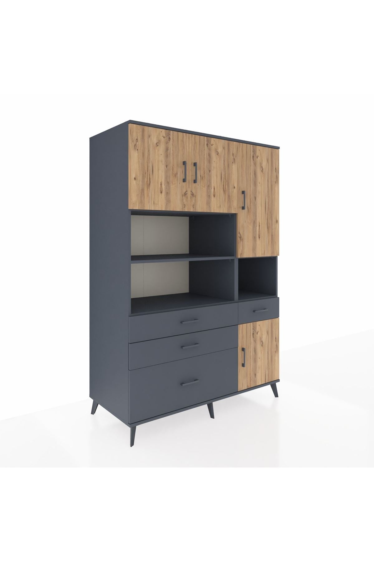 Kronos Dolap 9 Raflı 4 Çekmeceli 4 Kapaklı 132x59x195 Antrasit-Çam/Antrasit