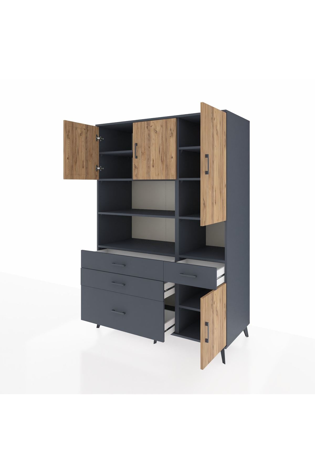 Kronos Dolap 9 Raflı 4 Çekmeceli 4 Kapaklı 132x59x195 Antrasit-Çam/Antrasit