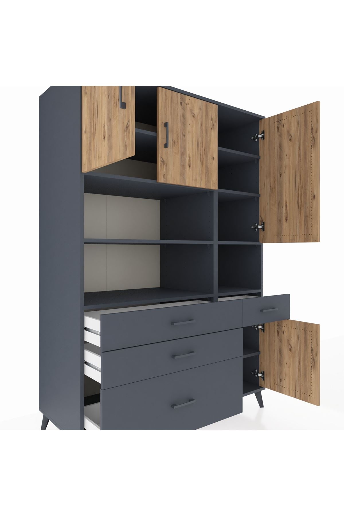 Kronos Dolap 9 Raflı 4 Çekmeceli 4 Kapaklı 132x59x195 Antrasit-Çam/Antrasit