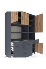 Kronos Dolap 9 Raflı 4 Çekmeceli 4 Kapaklı 132x59x195 Antrasit-Çam/Antrasit