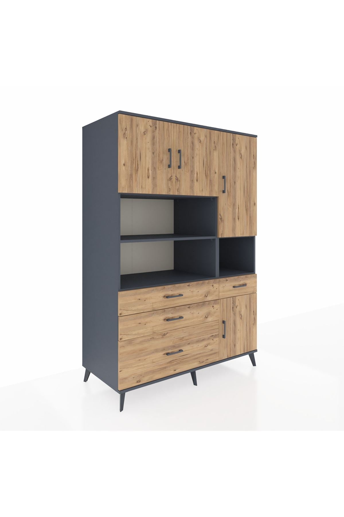 Kronos Dolap 9 Raflı 4 Çekmeceli 4 Kapaklı 132x59x195 Antrasit-Çam/Çam