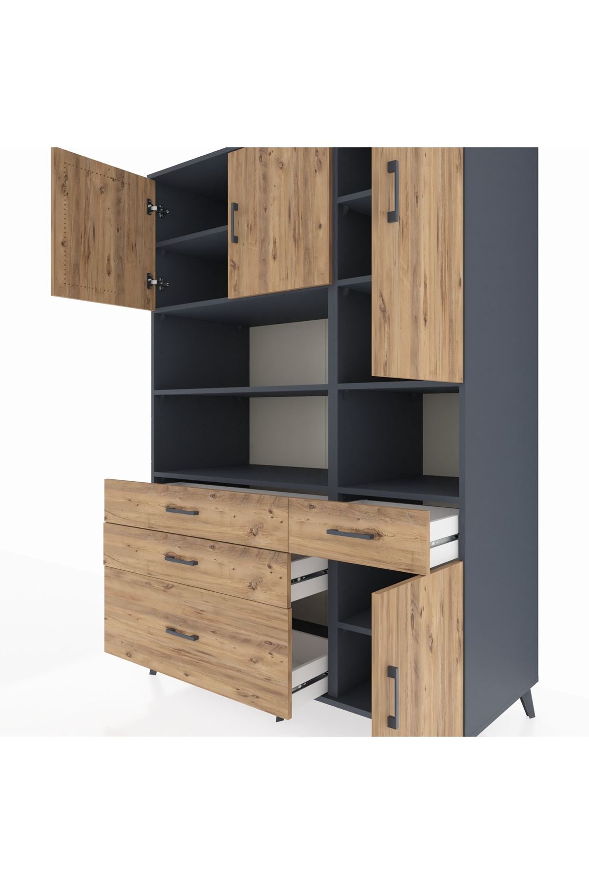 Kronos Dolap 9 Raflı 4 Çekmeceli 4 Kapaklı 132x59x195 Antrasit-Çam/Çam
