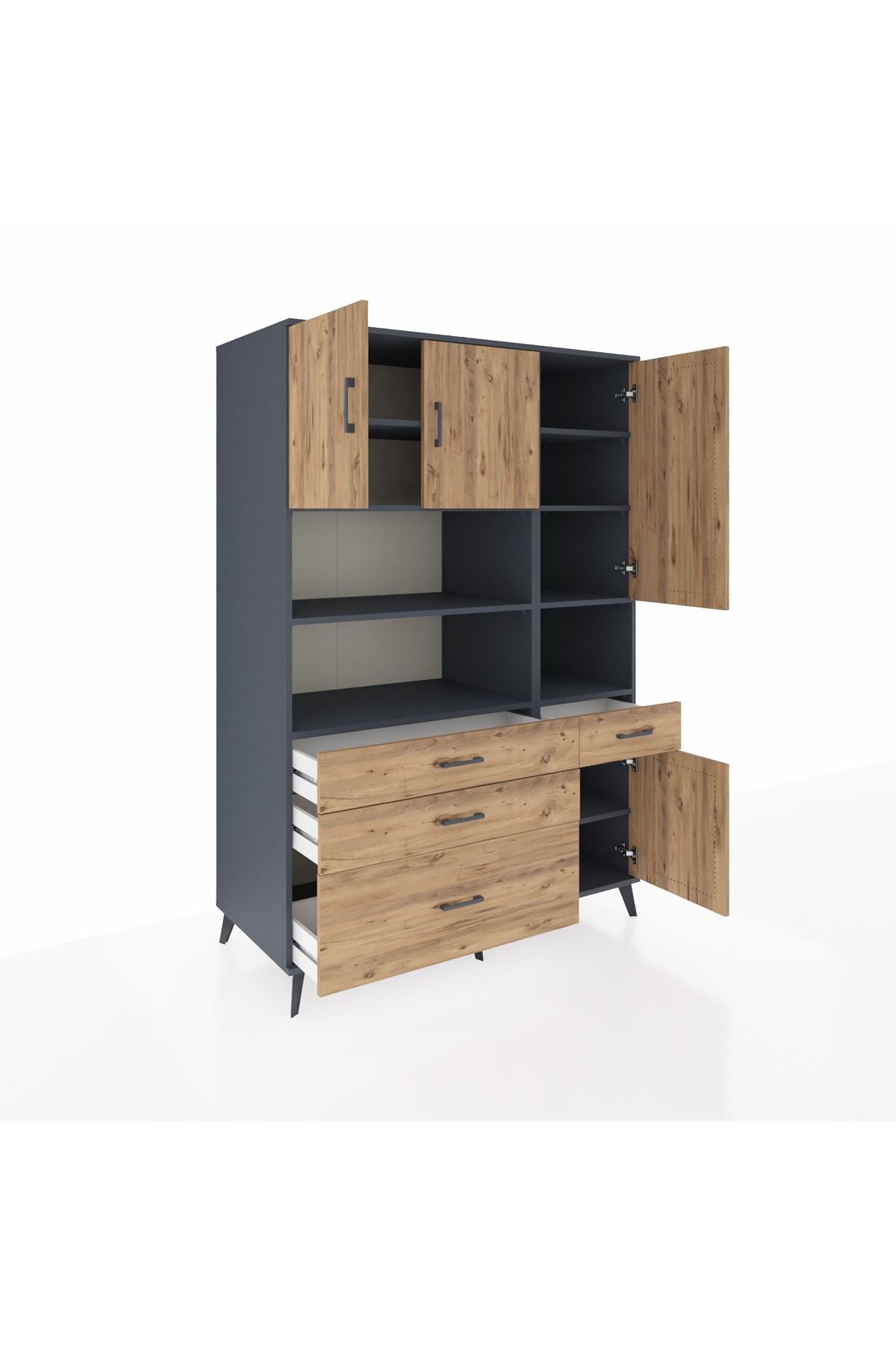 Kronos Dolap 9 Raflı 4 Çekmeceli 4 Kapaklı 132x59x195 Antrasit-Çam/Çam