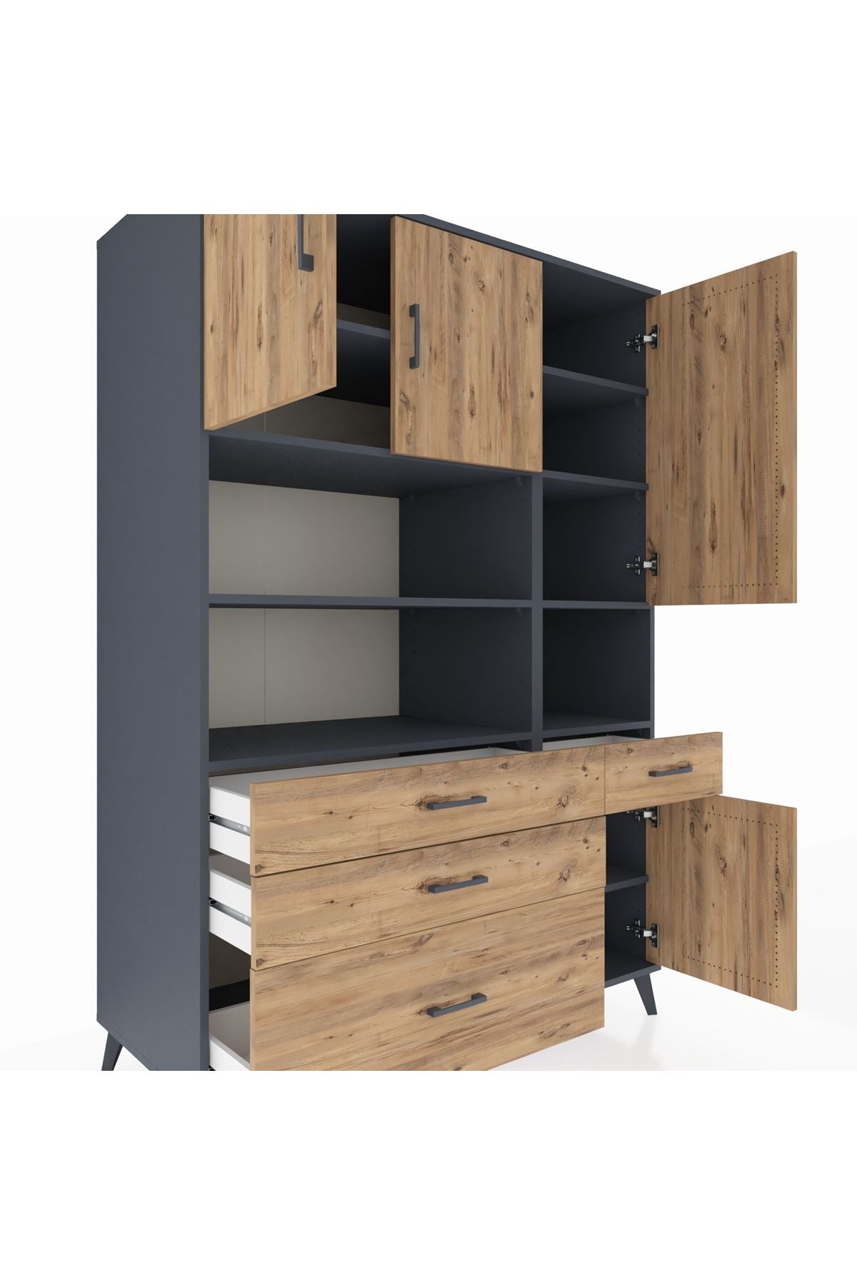 Kronos Dolap 9 Raflı 4 Çekmeceli 4 Kapaklı 132x59x195 Antrasit-Çam/Çam