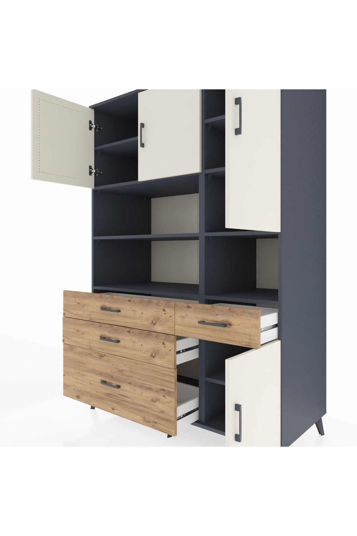 Kronos Dolap 9 Raflı 4 Çekmeceli 4 Kapaklı 132x59x195 Antrasit-Aytaşı/Çam