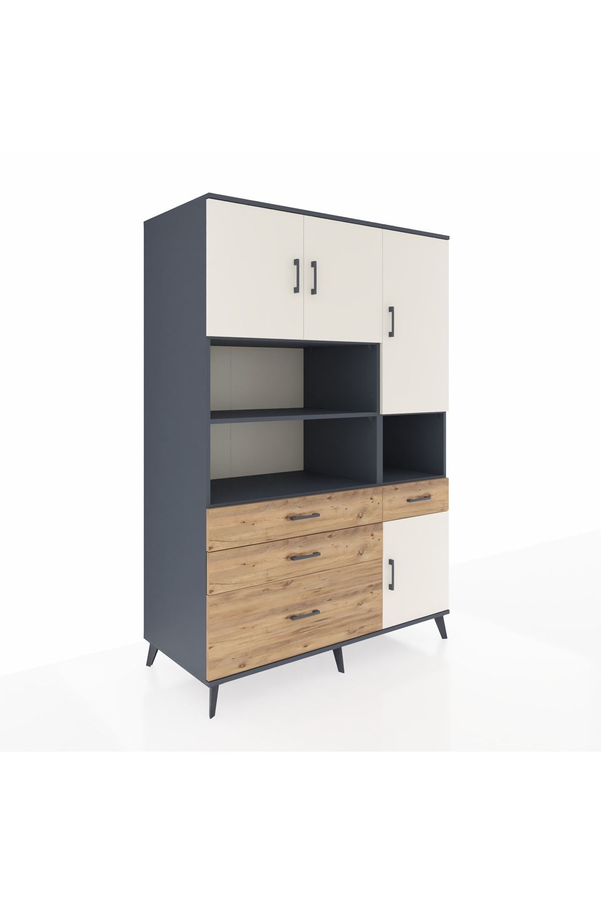 Kronos Dolap 9 Raflı 4 Çekmeceli 4 Kapaklı 132x59x195 Antrasit-Aytaşı/Çam