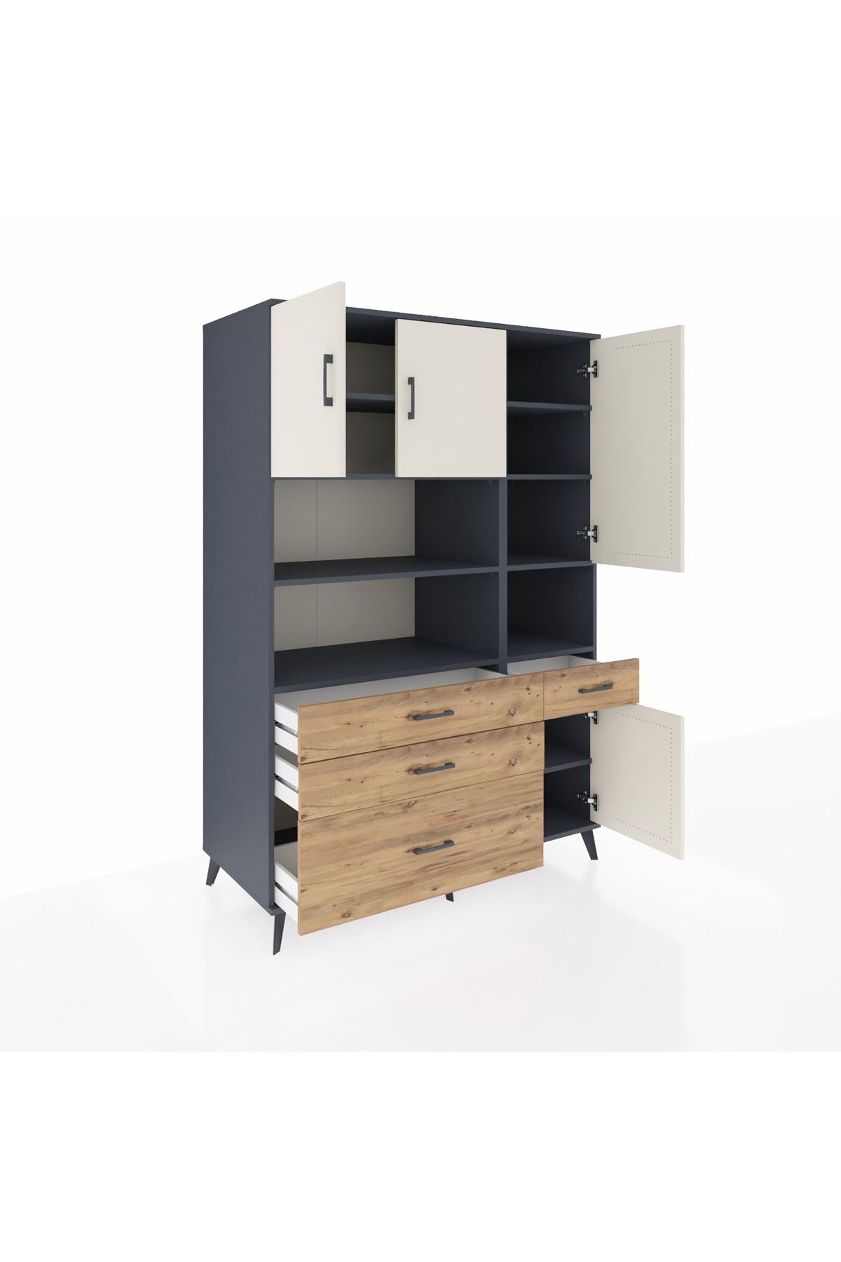 Kronos Dolap 9 Raflı 4 Çekmeceli 4 Kapaklı 132x59x195 Antrasit-Aytaşı/Çam