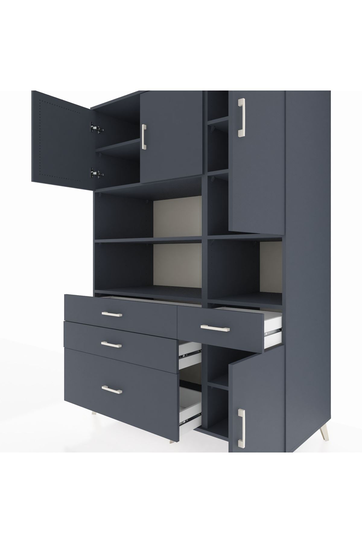 Kronos Dolap 9 Raflı 4 Çekmeceli 4 Kapaklı 132x59x195 Antrasit-Antrasit/Antrasit