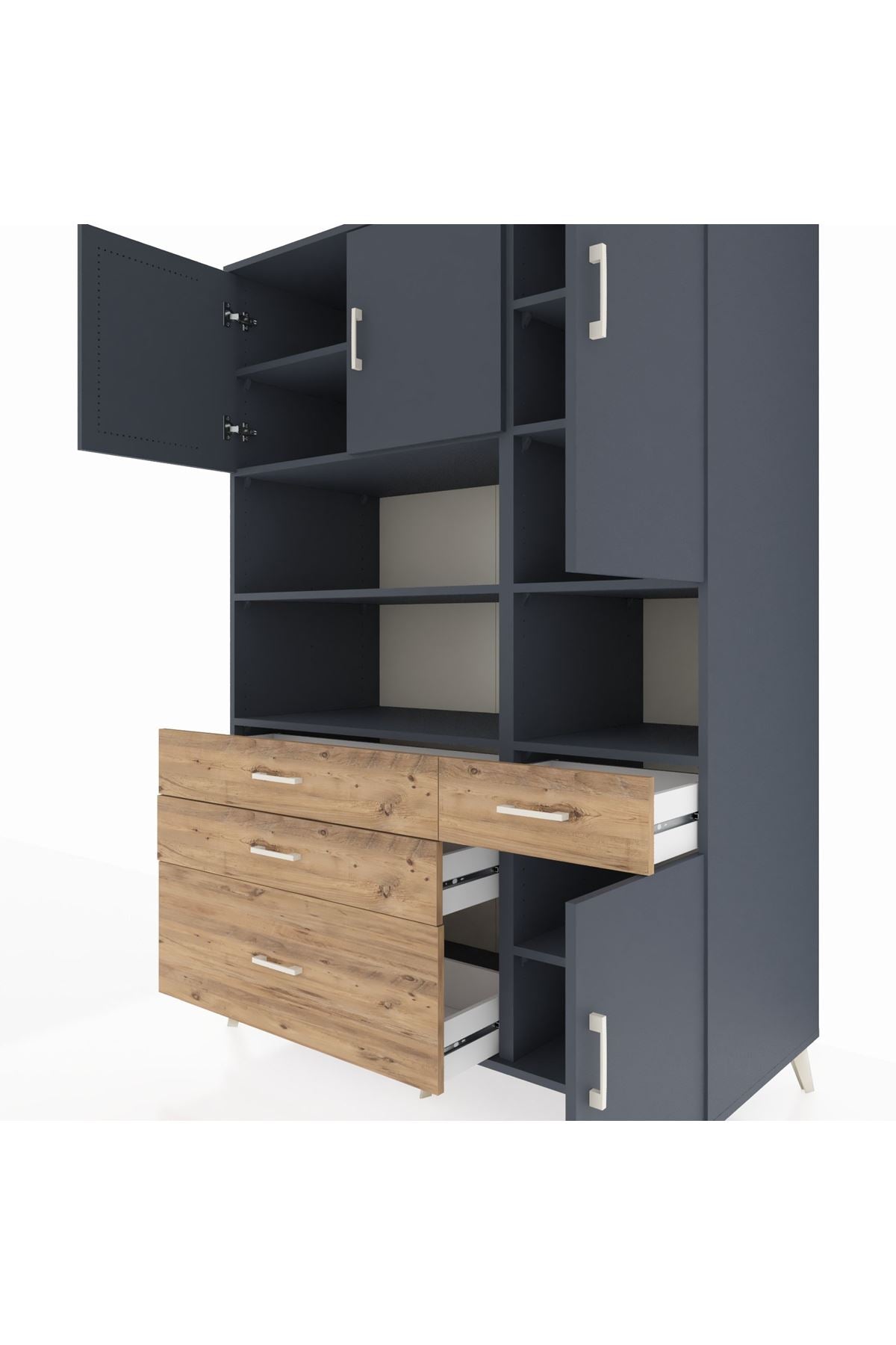 Kronos Dolap 9 Raflı 4 Çekmeceli 4 Kapaklı 132x59x195 Antrasit-Antrasit/Çam