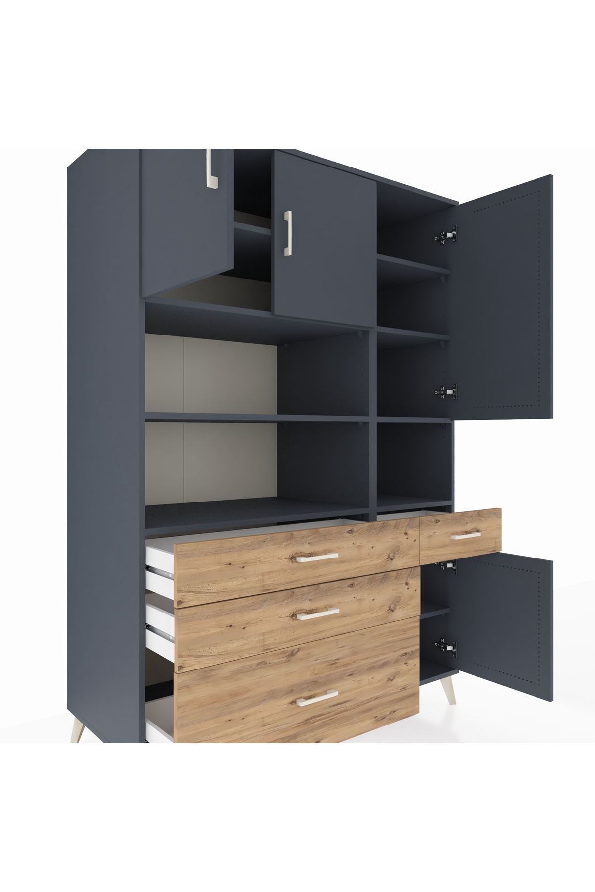 Kronos Dolap 9 Raflı 4 Çekmeceli 4 Kapaklı 132x59x195 Antrasit-Antrasit/Çam