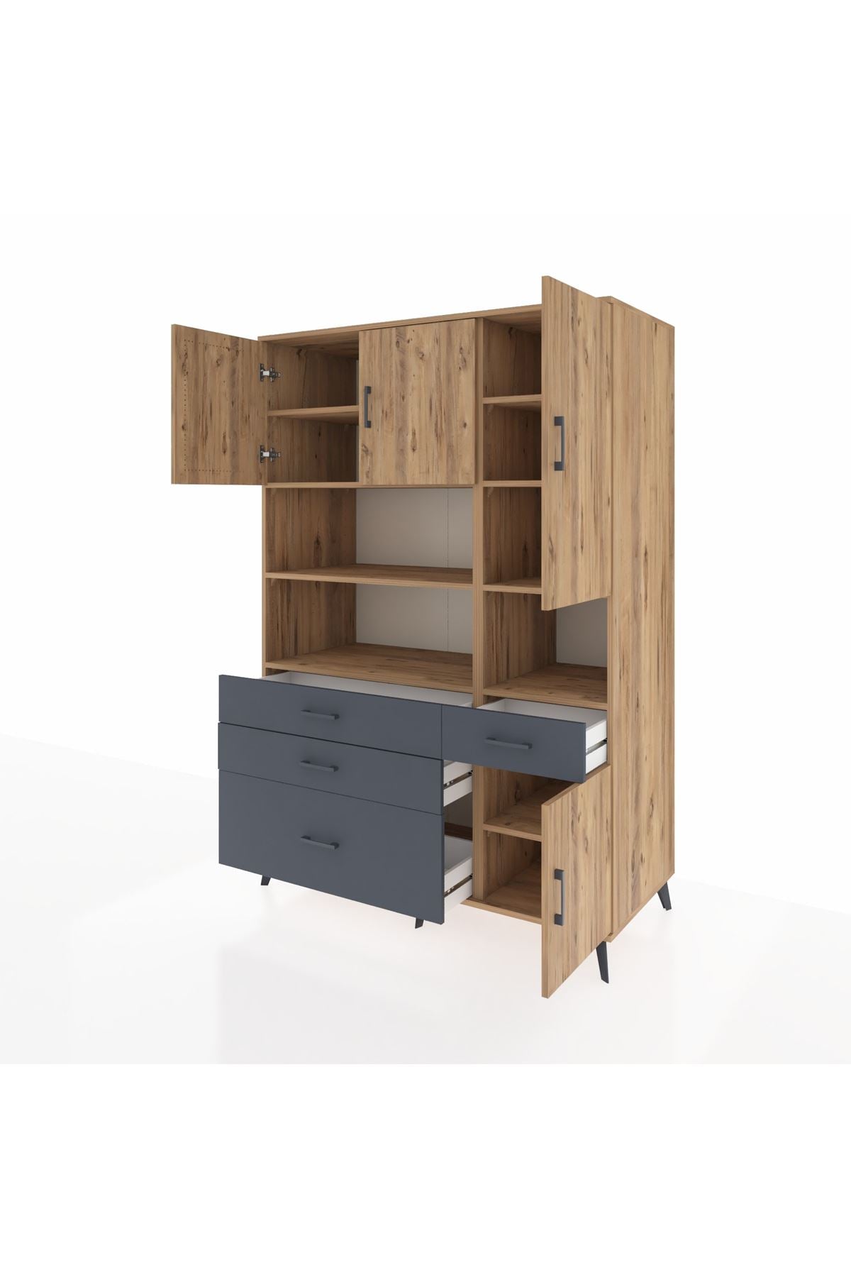 Kronos Dolap 9 Raflı 4 Çekmeceli 4 Kapaklı 132x59x195 Çam-Çam/Antrasit