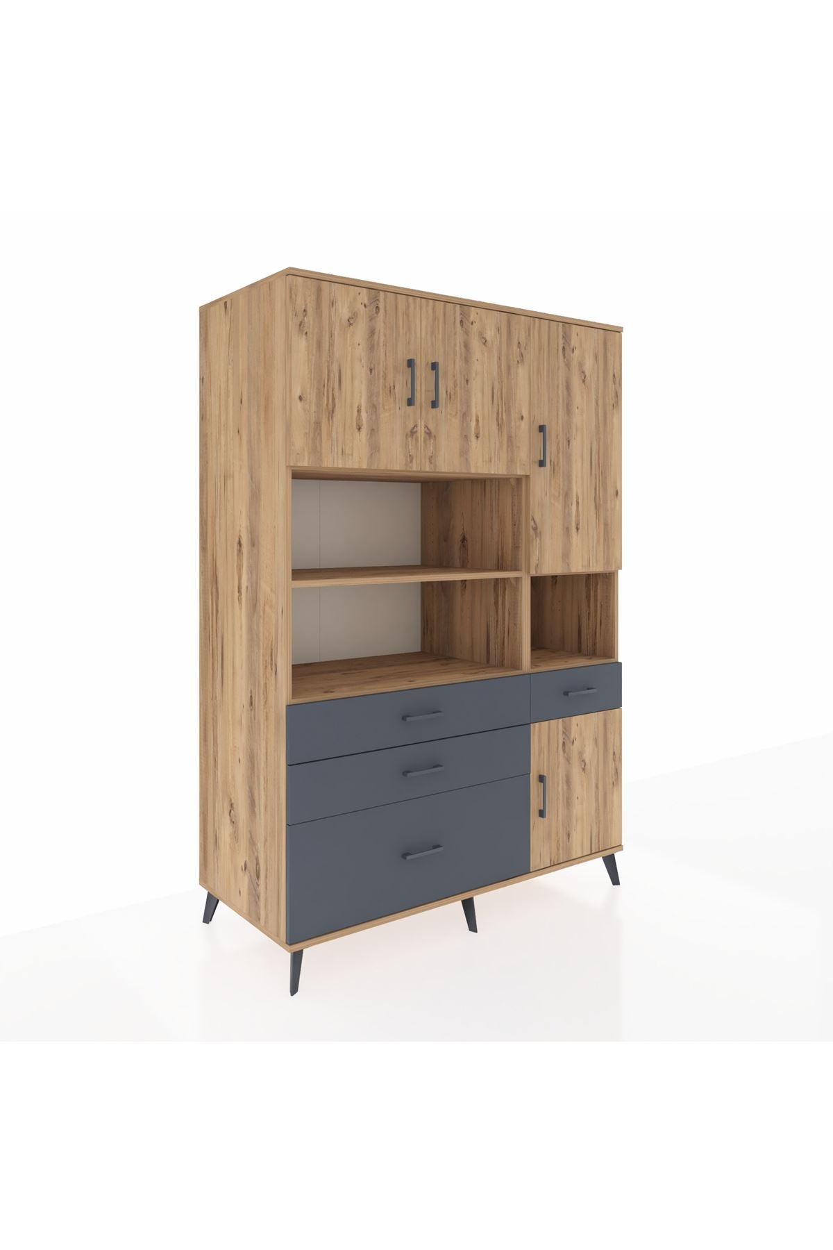 Kronos Dolap 9 Raflı 4 Çekmeceli 4 Kapaklı 132x59x195 Çam-Çam/Antrasit