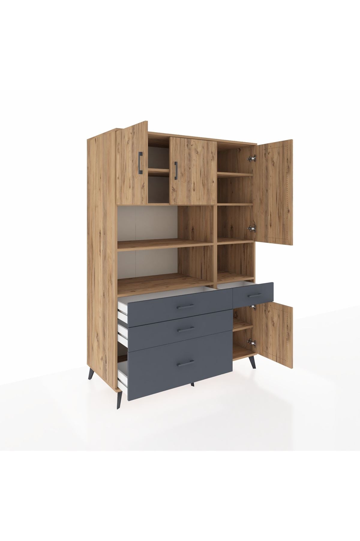 Kronos Dolap 9 Raflı 4 Çekmeceli 4 Kapaklı 132x59x195 Çam-Çam/Antrasit