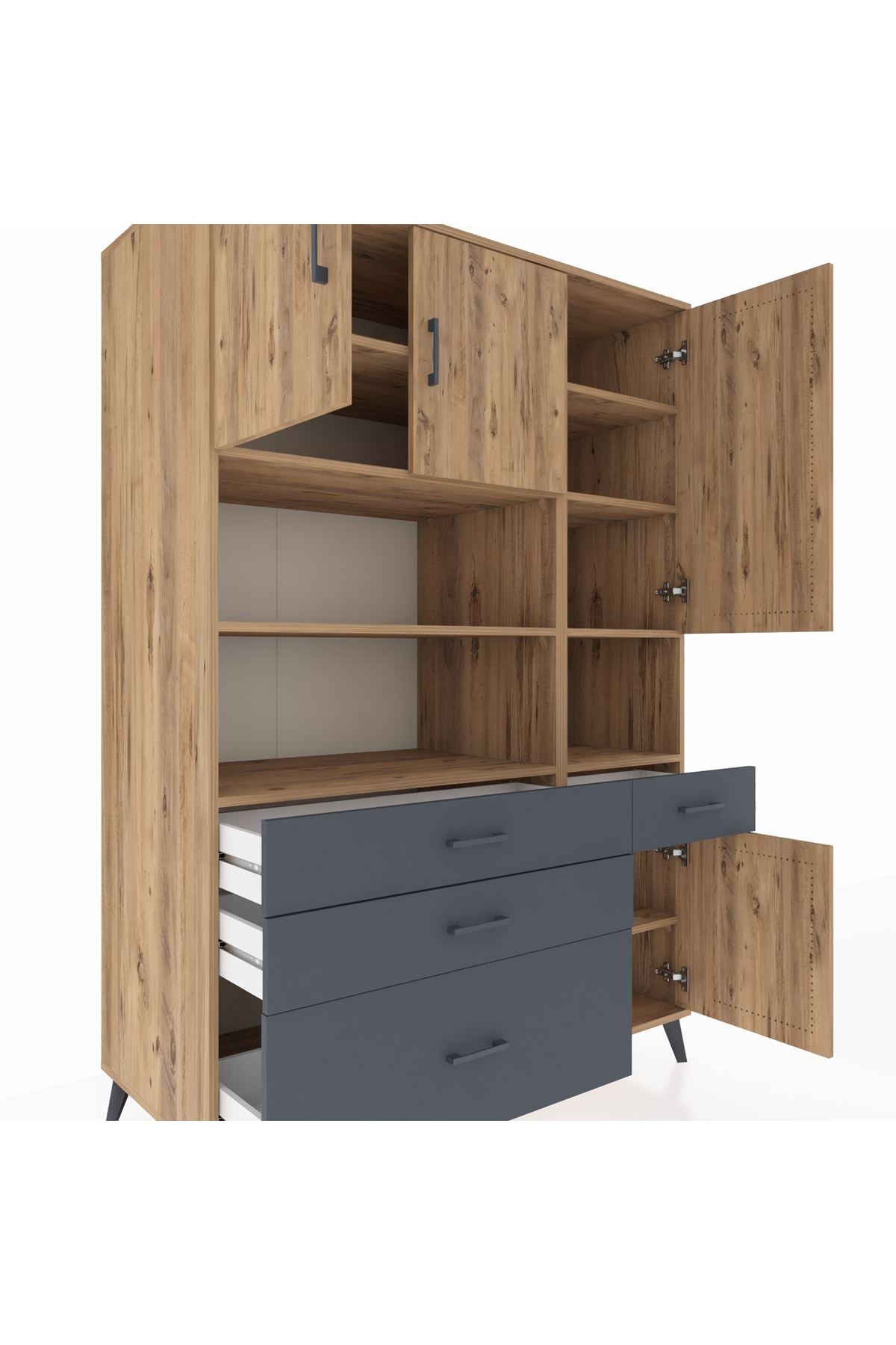 Kronos Dolap 9 Raflı 4 Çekmeceli 4 Kapaklı 132x59x195 Çam-Çam/Antrasit