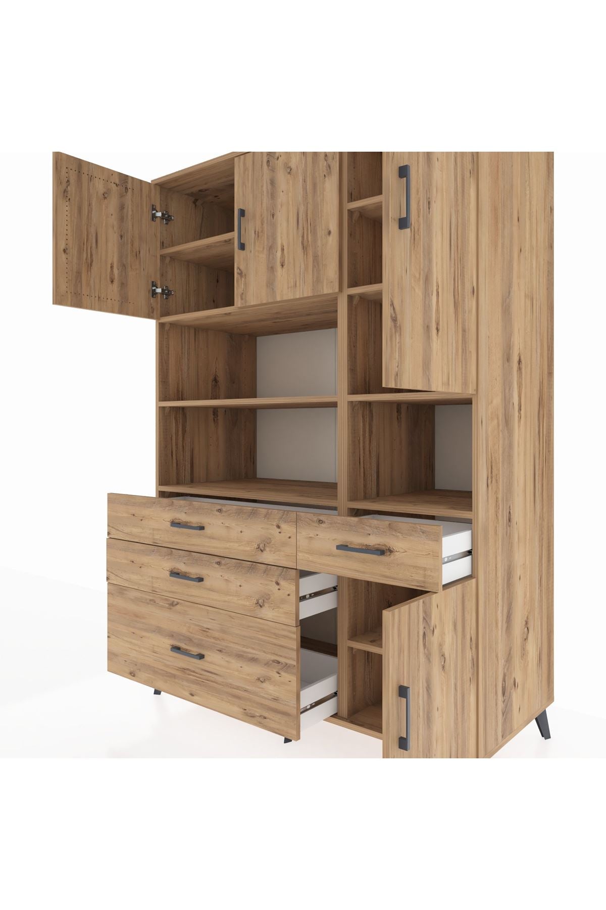 Kronos Dolap 9 Raflı 4 Çekmeceli 4 Kapaklı 132x59x195 Çam-Çam/Çam