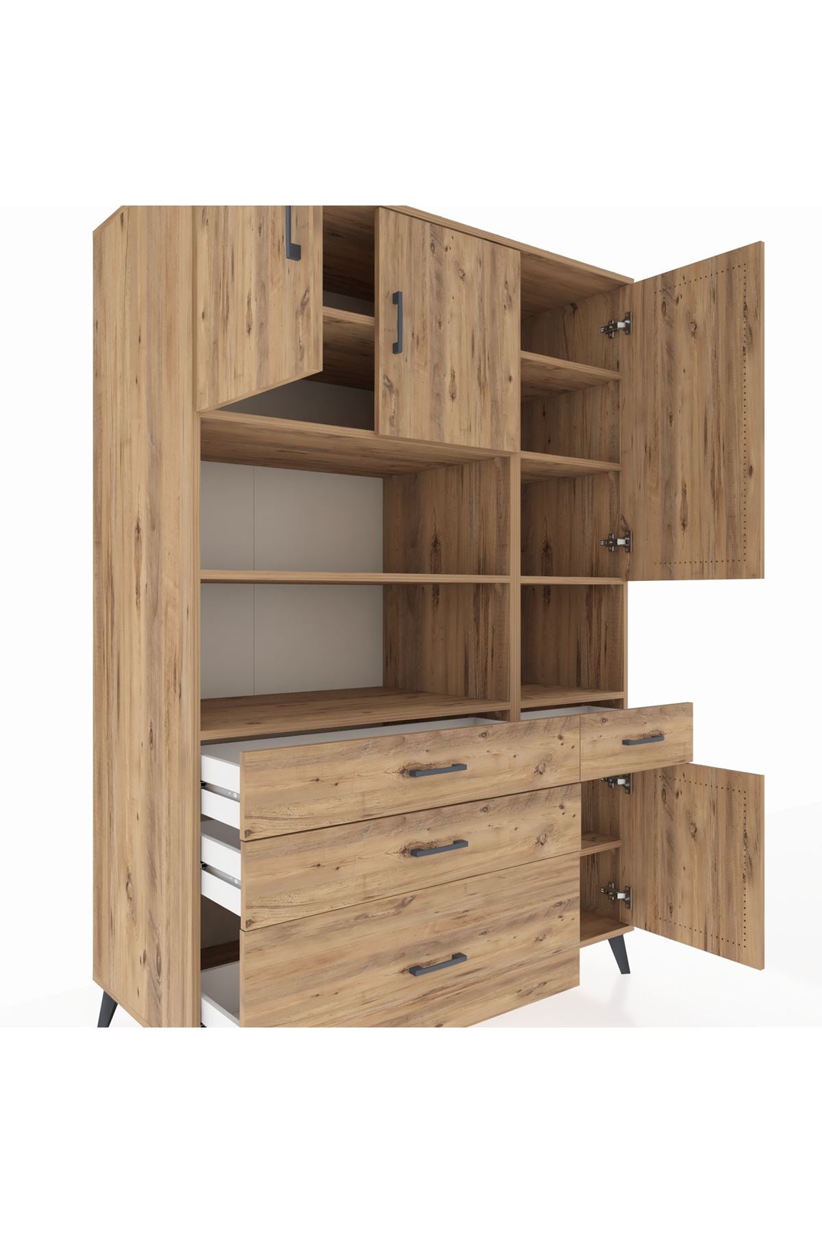 Kronos Dolap 9 Raflı 4 Çekmeceli 4 Kapaklı 132x59x195 Çam-Çam/Çam