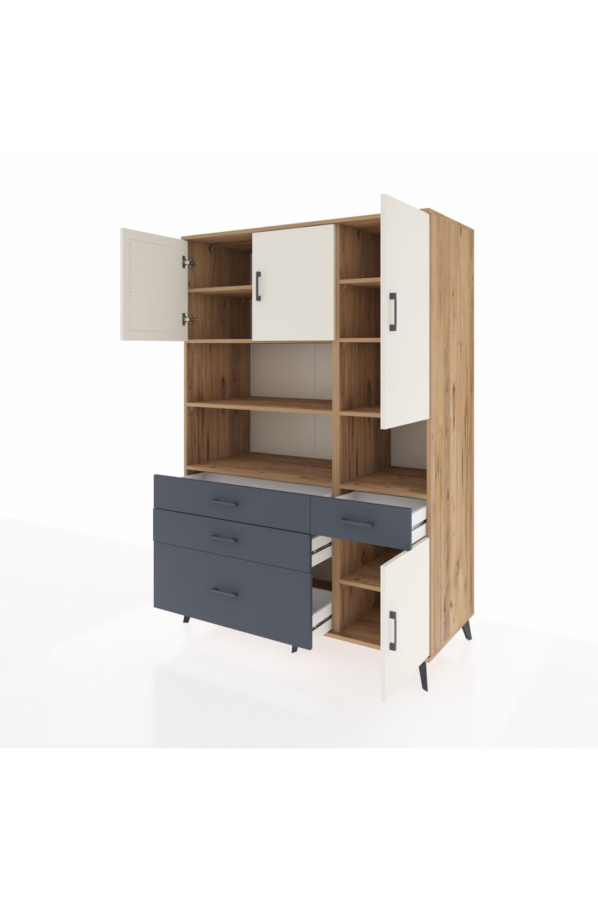 Kronos Dolap 9 Raflı 4 Çekmeceli 4 Kapaklı 132x59x195 Çam-Aytaşı/Antrasit