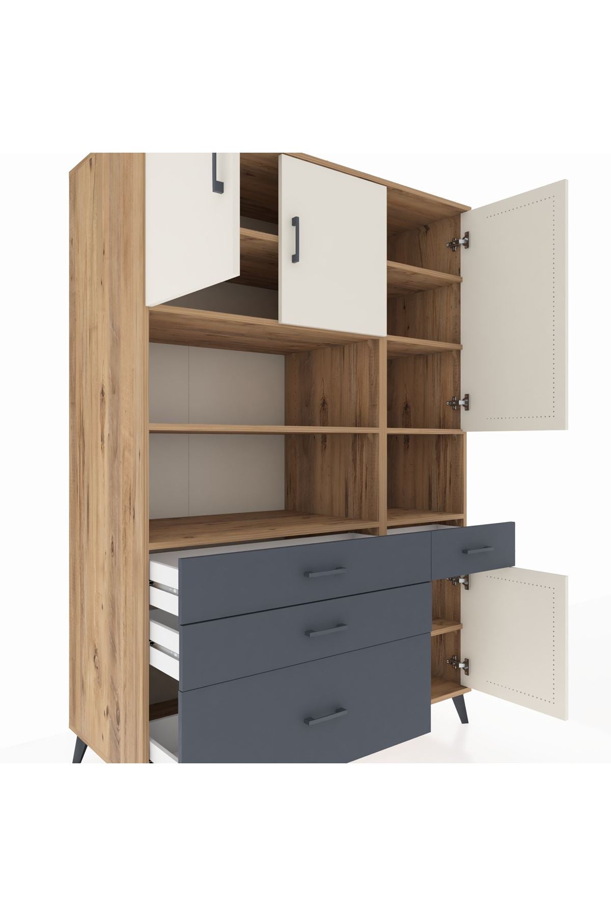 Kronos Dolap 9 Raflı 4 Çekmeceli 4 Kapaklı 132x59x195 Çam-Aytaşı/Antrasit