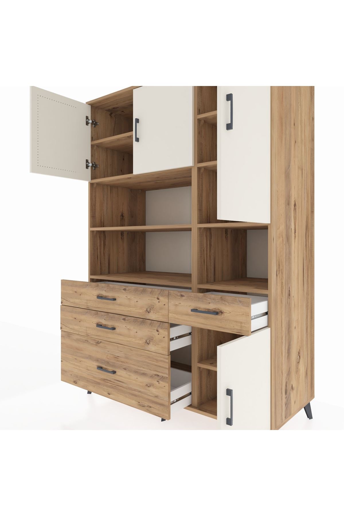 Kronos Dolap 9 Raflı 4 Çekmeceli 4 Kapaklı 132x59x195 Çam-Aytaşı/Çam