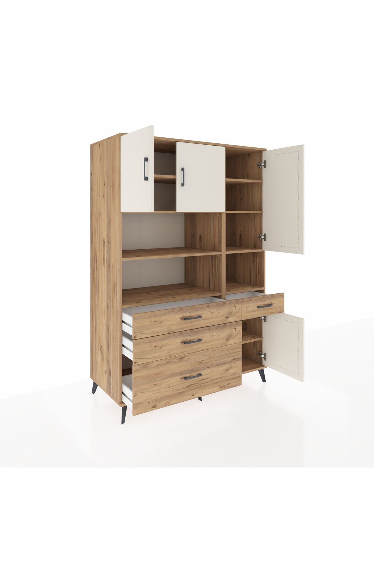 Kronos Dolap 9 Raflı 4 Çekmeceli 4 Kapaklı 132x59x195 Çam-Aytaşı/Çam