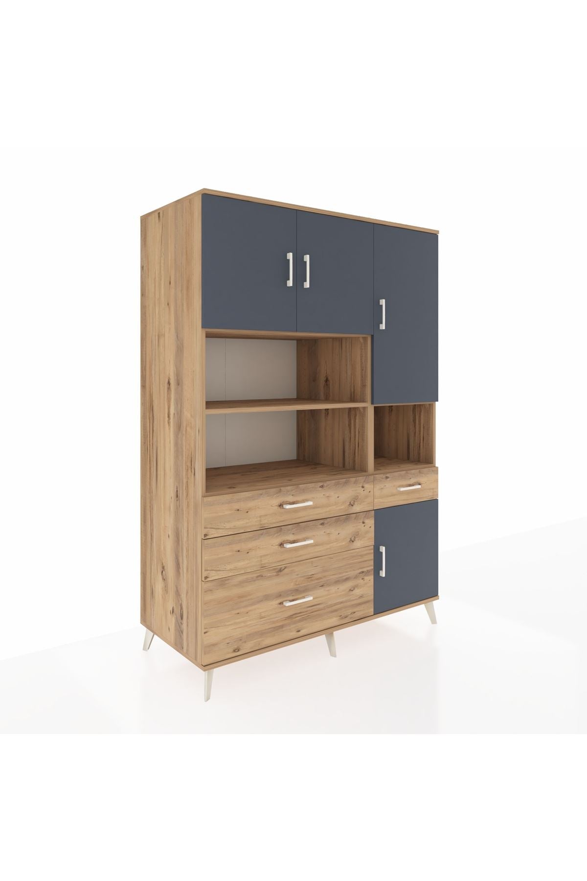 Kronos Dolap 9 Raflı 4 Çekmeceli 4 Kapaklı 132x59x195 Çam-Antrasit/Çam