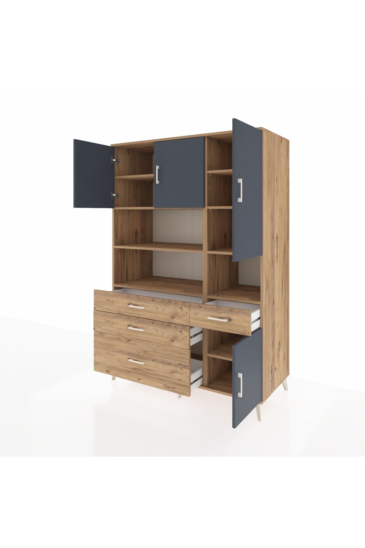 Kronos Dolap 9 Raflı 4 Çekmeceli 4 Kapaklı 132x59x195 Çam-Antrasit/Çam