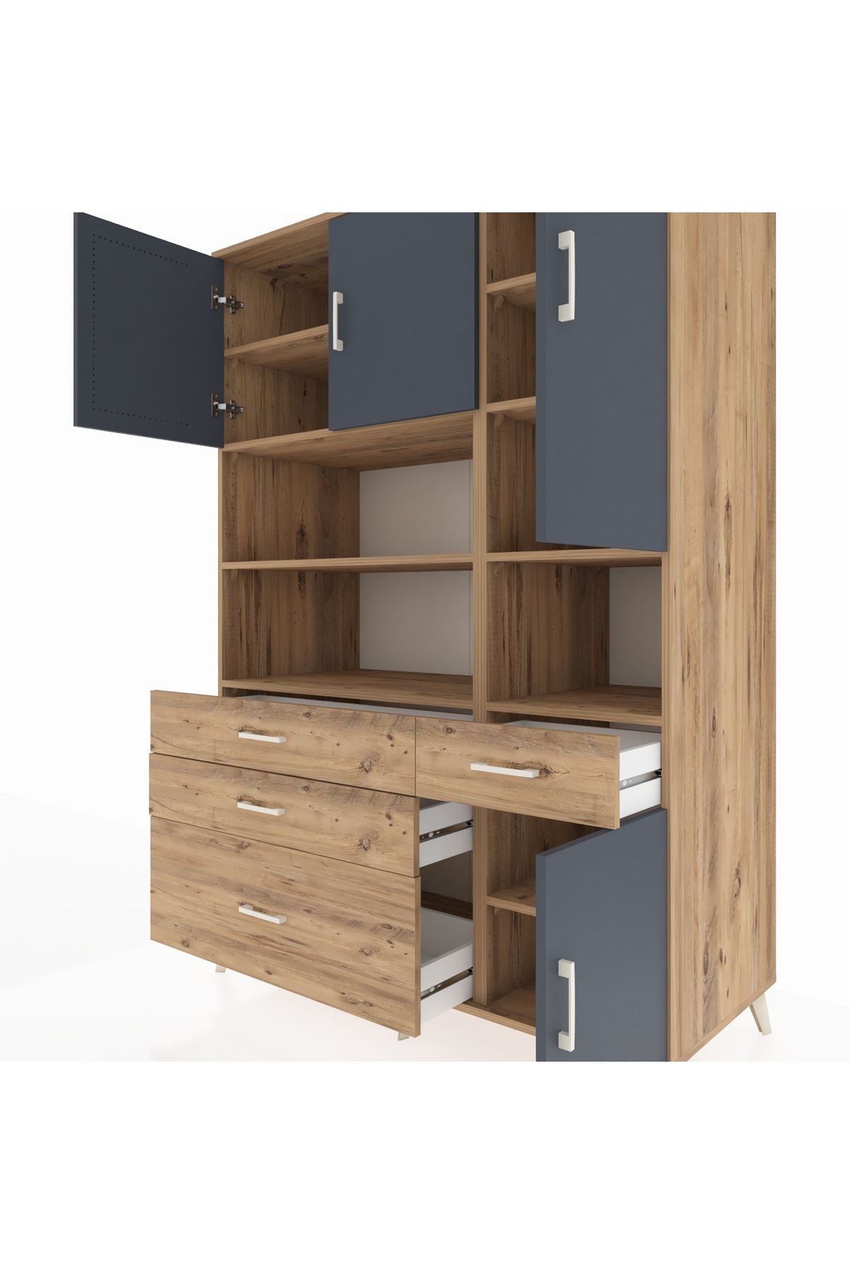 Kronos Dolap 9 Raflı 4 Çekmeceli 4 Kapaklı 132x59x195 Çam-Antrasit/Çam