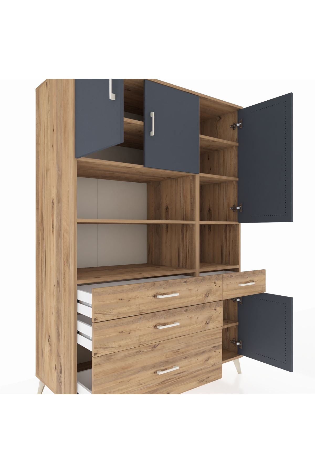 Kronos Dolap 9 Raflı 4 Çekmeceli 4 Kapaklı 132x59x195 Çam-Antrasit/Çam