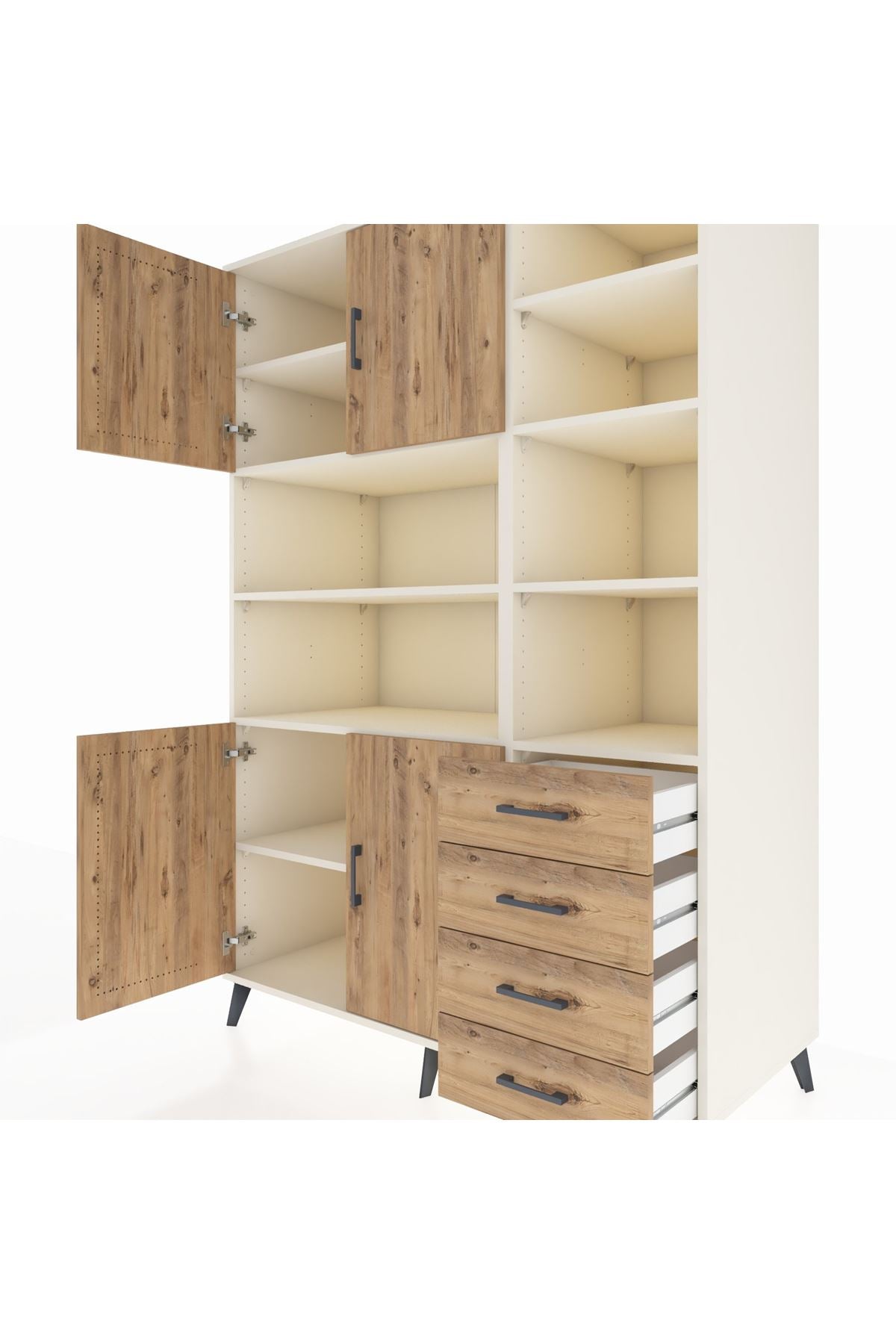 Kronos Dolap 9 Raflı 4 Çekmeceli 4 Kapaklı 132x59x195 Aytaşı-Çam/Çam