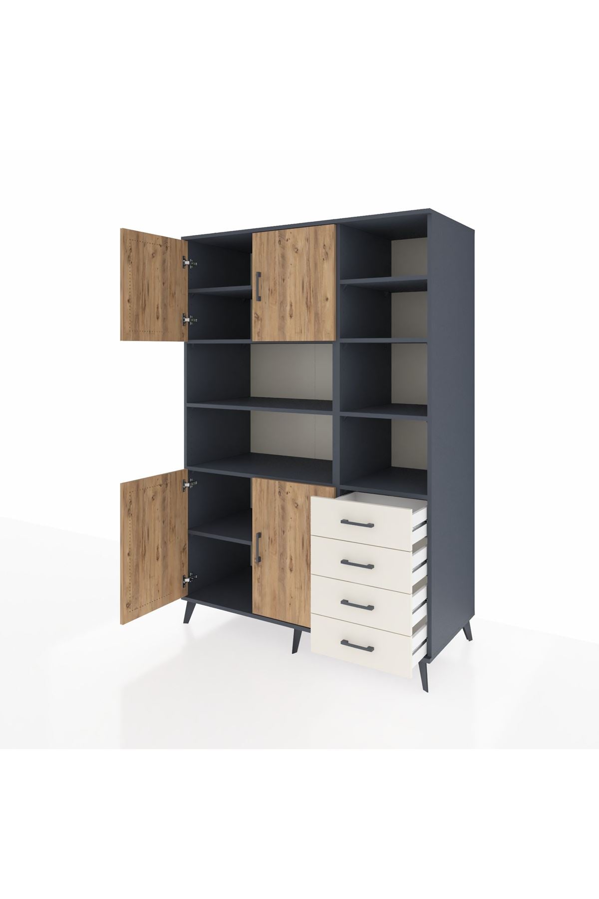 Kronos Dolap 9 Raflı 4 Çekmeceli 4 Kapaklı 132x59x195 Antrasit-Çam/Aytaşı