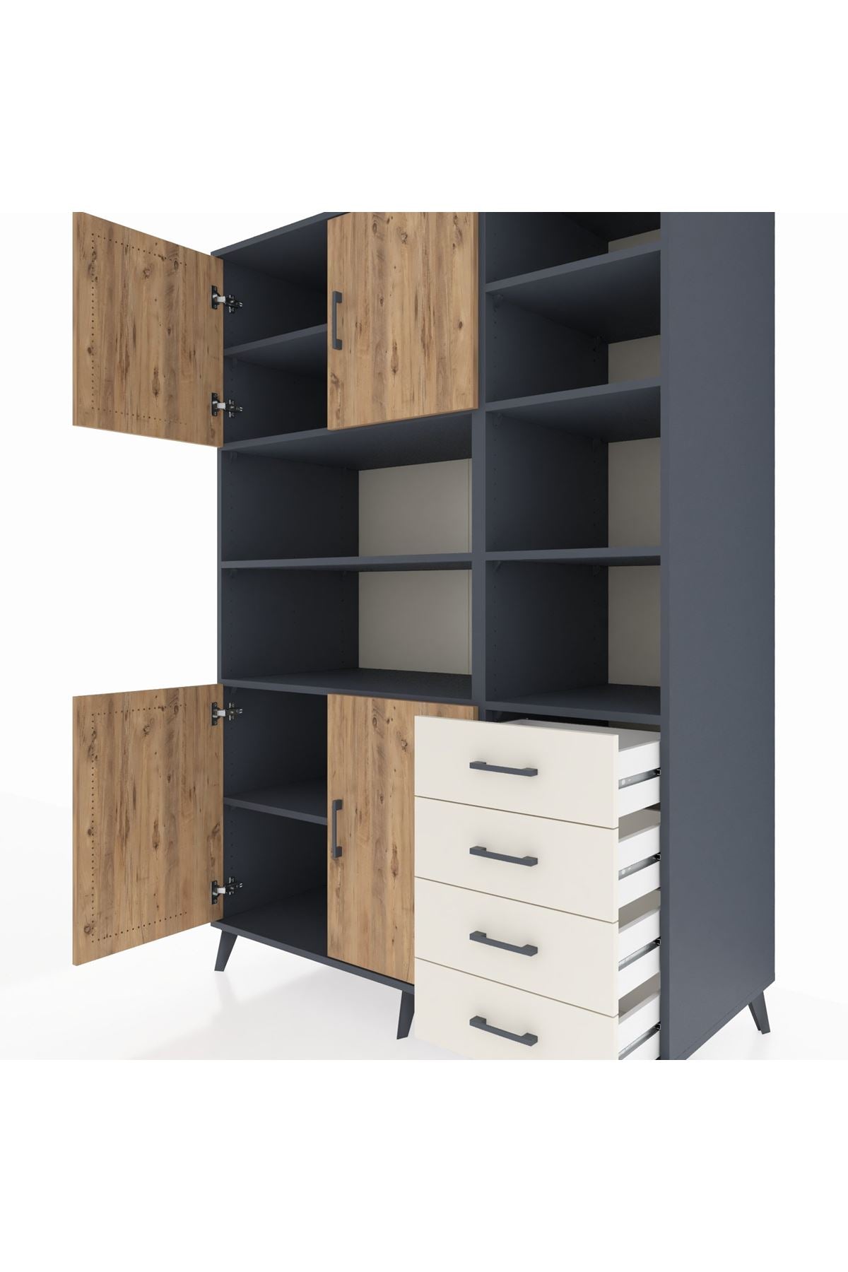 Kronos Dolap 9 Raflı 4 Çekmeceli 4 Kapaklı 132x59x195 Antrasit-Çam/Aytaşı