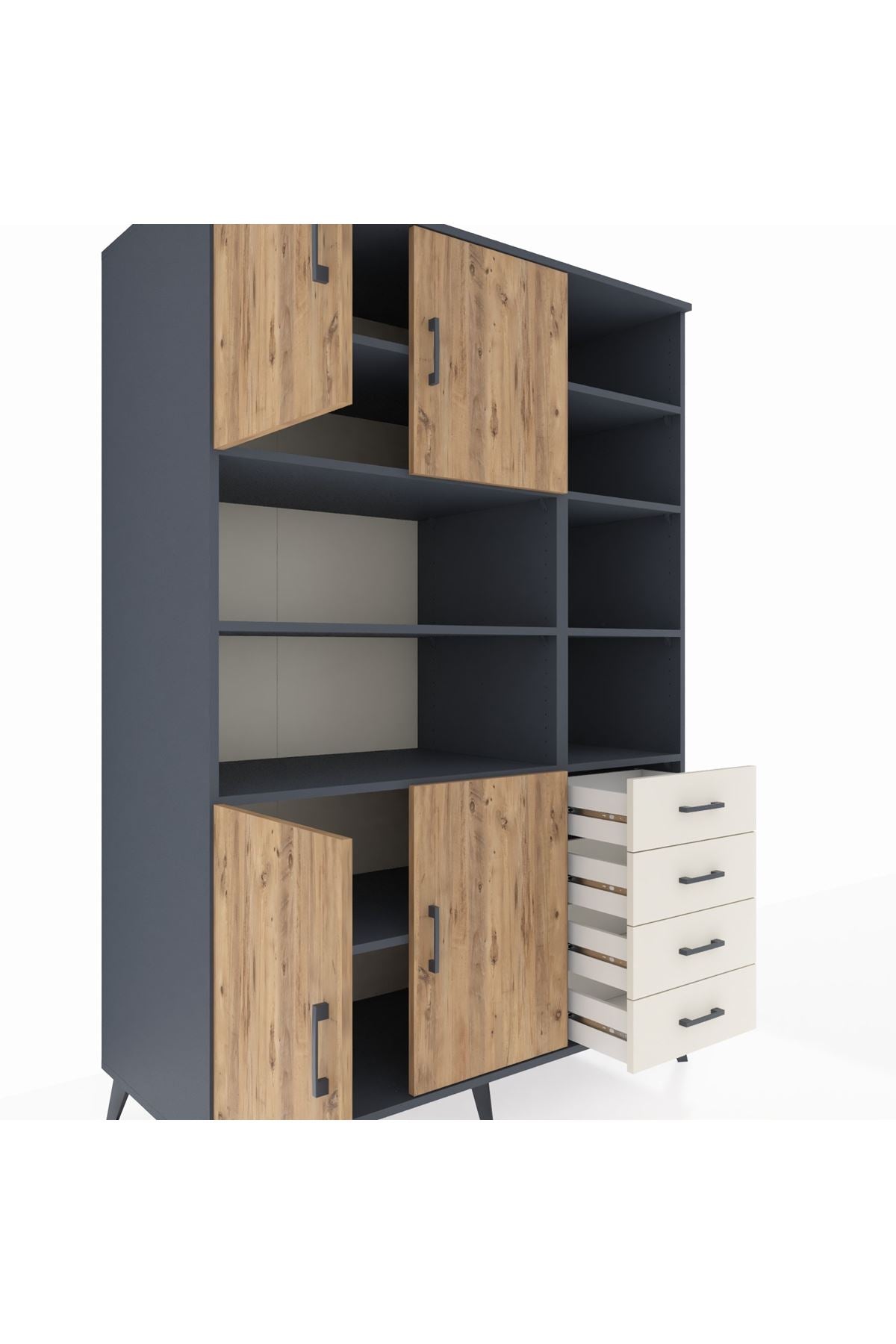 Kronos Dolap 9 Raflı 4 Çekmeceli 4 Kapaklı 132x59x195 Antrasit-Çam/Aytaşı