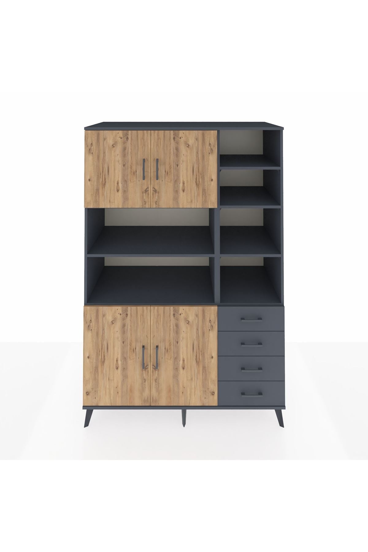 Kronos Dolap 9 Raflı 4 Çekmeceli 4 Kapaklı 132x59x195 Antrasit-Çam/Antrasit