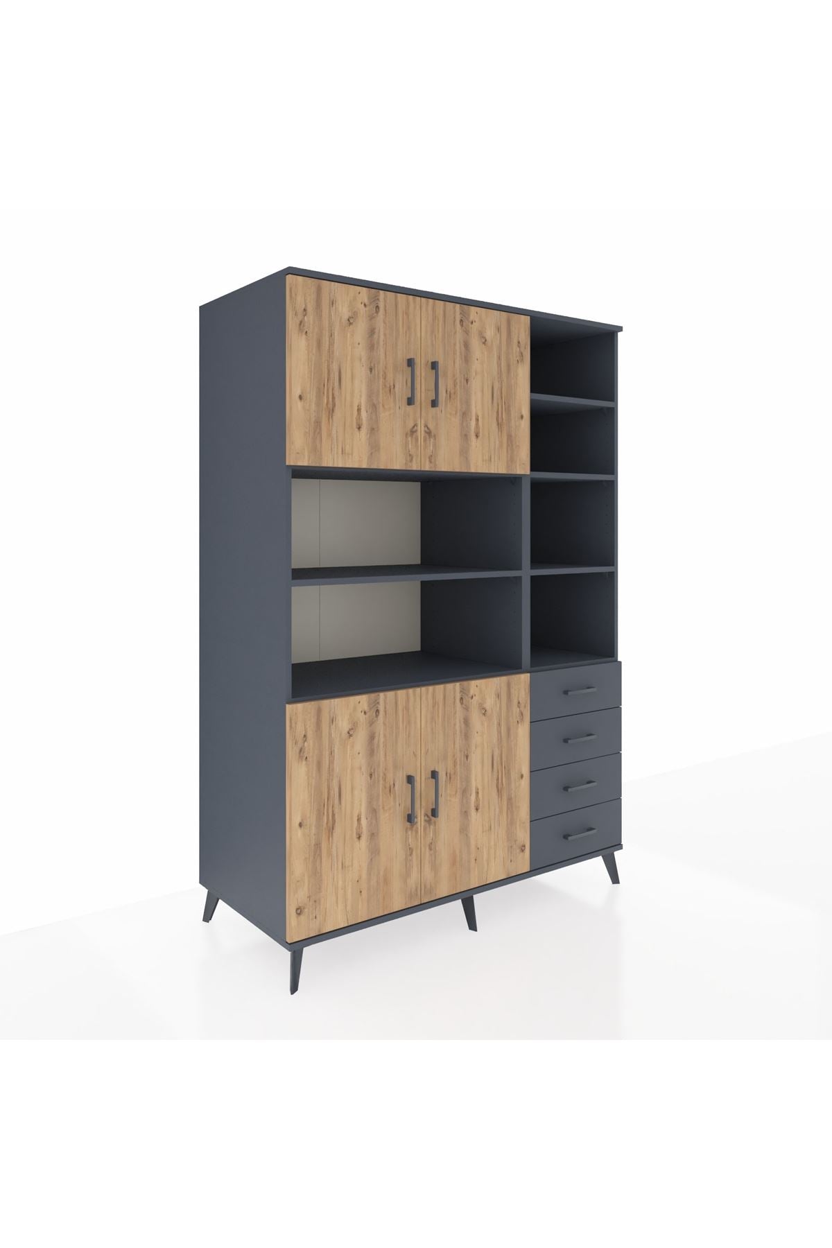 Kronos Dolap 9 Raflı 4 Çekmeceli 4 Kapaklı 132x59x195 Antrasit-Çam/Antrasit