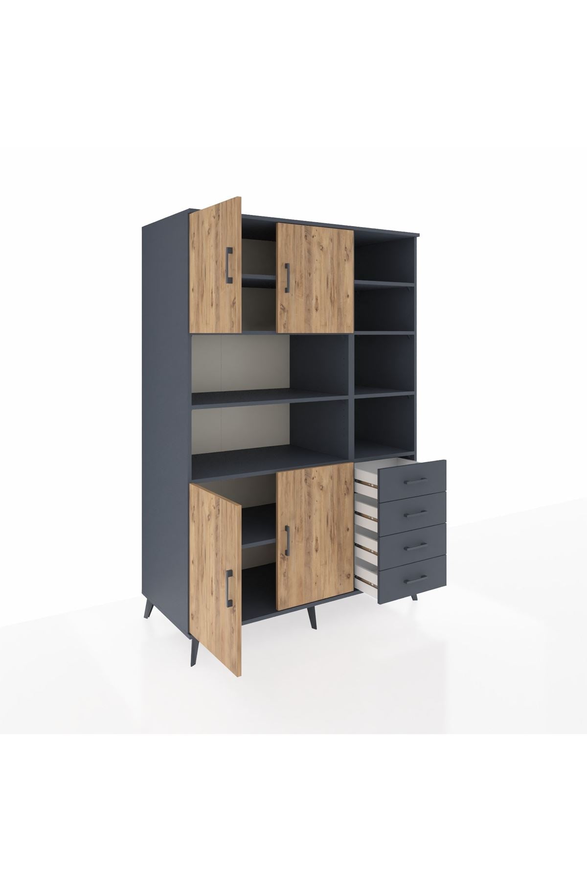 Kronos Dolap 9 Raflı 4 Çekmeceli 4 Kapaklı 132x59x195 Antrasit-Çam/Antrasit