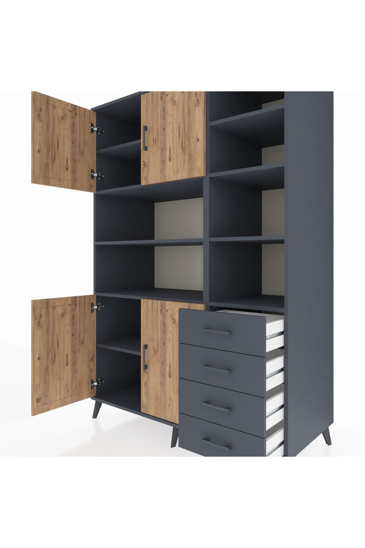 Kronos Dolap 9 Raflı 4 Çekmeceli 4 Kapaklı 132x59x195 Antrasit-Çam/Antrasit