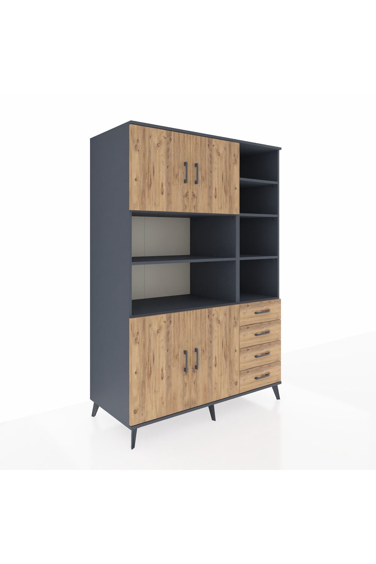 Kronos Dolap 9 Raflı 4 Çekmeceli 4 Kapaklı 132x59x195 Antrasit-Çam/Çam