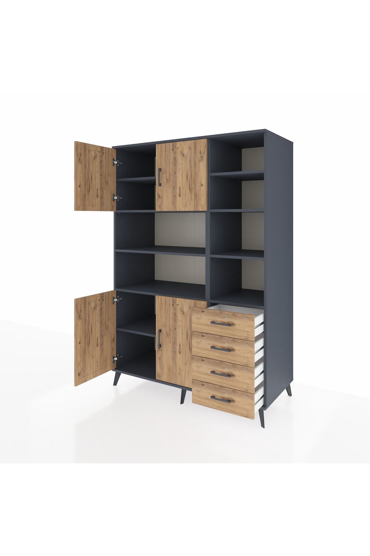 Kronos Dolap 9 Raflı 4 Çekmeceli 4 Kapaklı 132x59x195 Antrasit-Çam/Çam